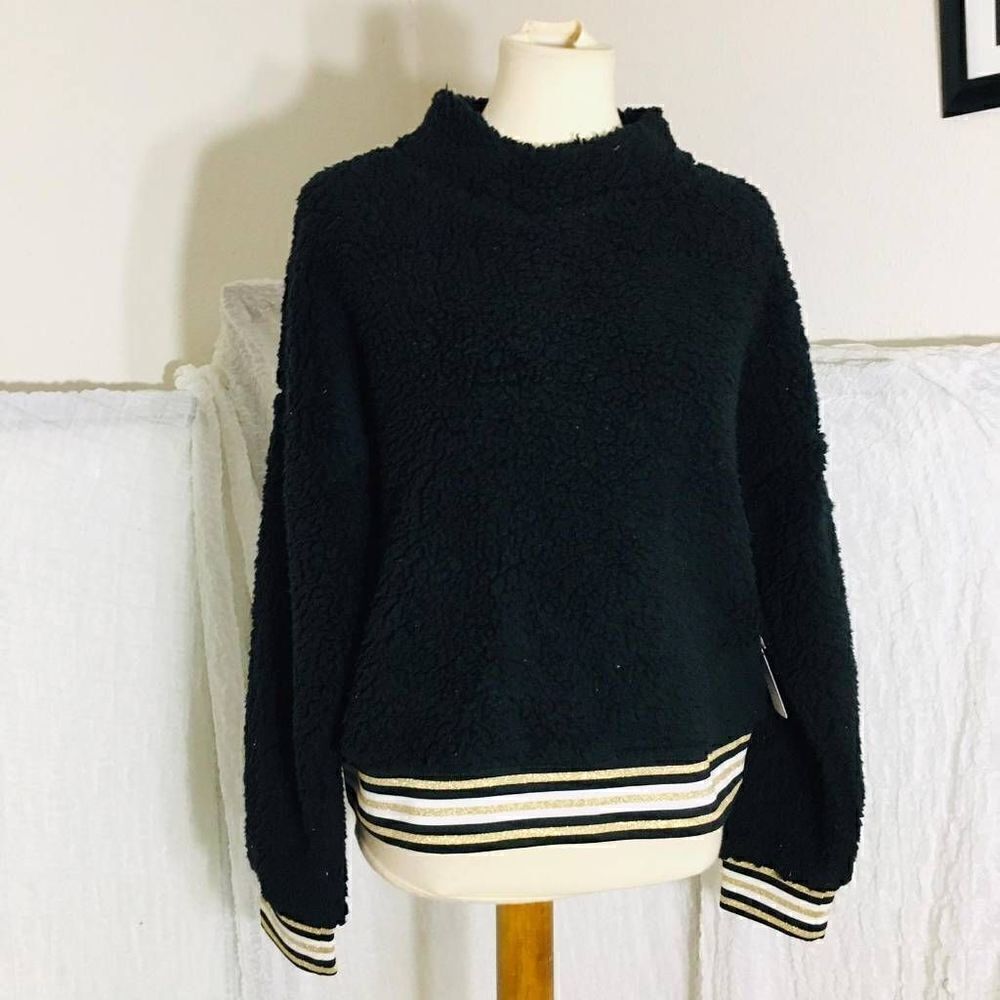 Nanette Lepore NWT Black Teddy Fawx Shearling Pullover Sweater Size Large